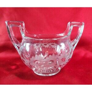 Crystal HEISEY Sugar Bowl Vintage Etched Floral Handles Open Design